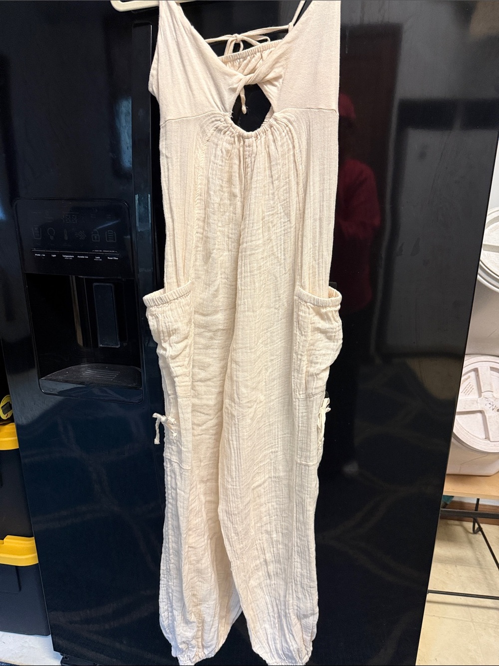 Urban Outfitters Cream Cotton Gauze Pocket Jumpsuit with Tie Back